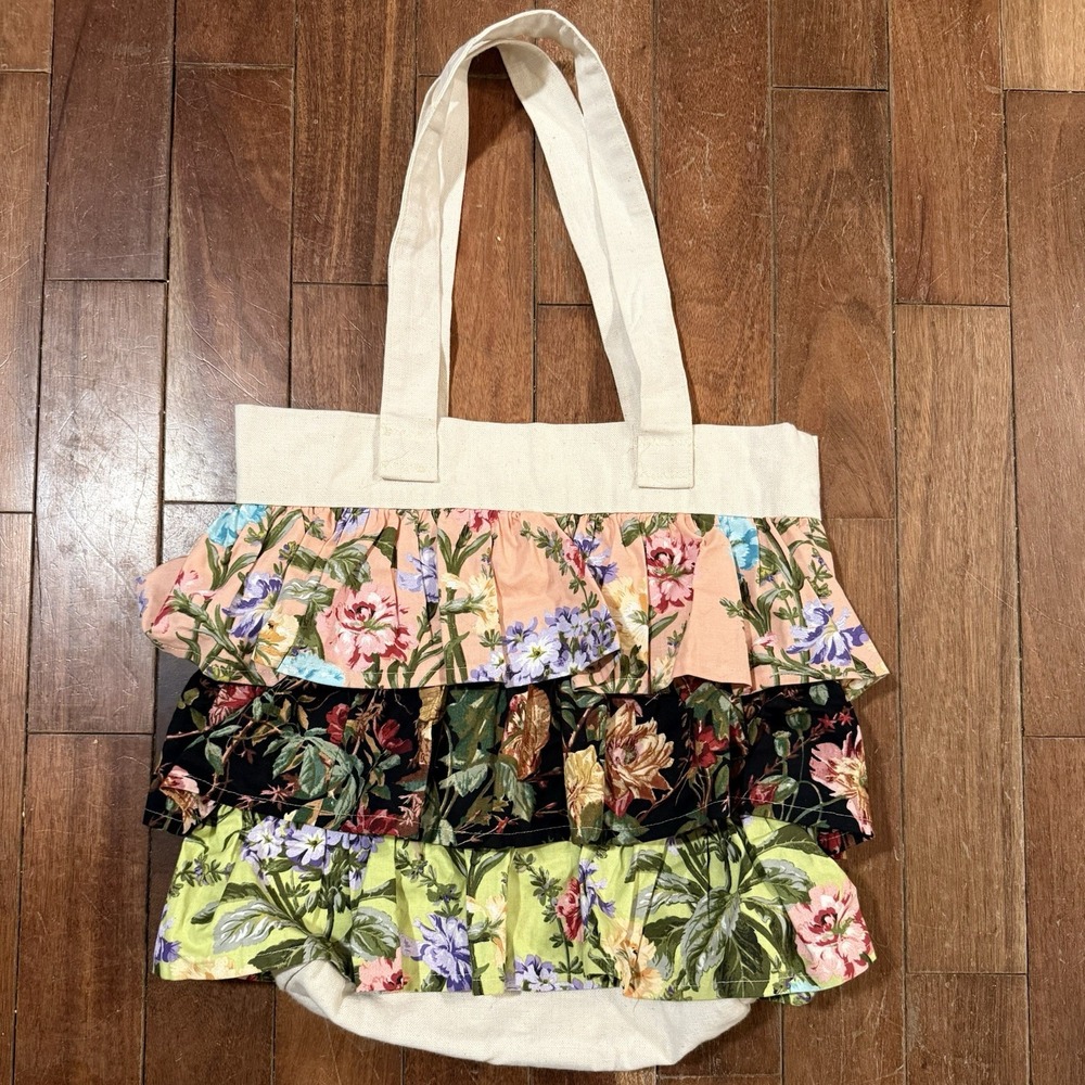 VTG 90s Handmade Floral Ruffle Granny Cottage Core Canvas Pocket Tote Bag 16x16"